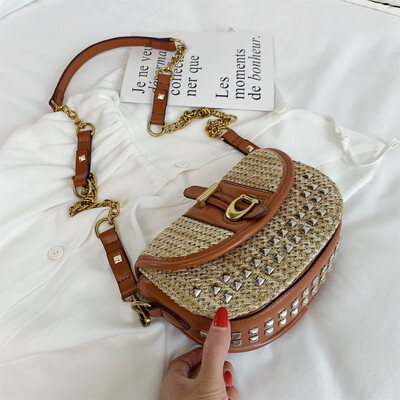 

Tailored Women Hand-Woven Straw Rivet Bag Chain Shoulder Bag Patchwork Crossbody Bags