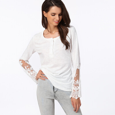 

Casual Women Blouse Stitching Lace Mesh Splicing T-Shirt Long Sleeve Shirt Slim Leisure Top White