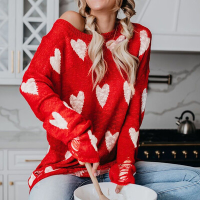 

〖Follure〗Womens Loose Love Shape Print Long Sleeve O-Neck Sweater Blouse