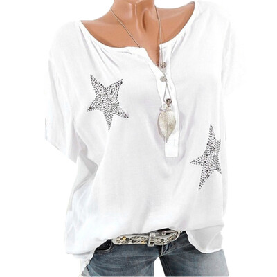 

Nomeni Women Button Five-pointed Star Hot Drill Plus Size Tops Blouse