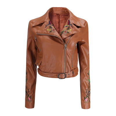 

Women Long Sleeve PU Leather Embroidery Floral Zipper Jacket Crop Tops Coat