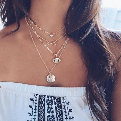 

Women Necklace Fashion Star Moon Eye Constellation Heart Crystal Pendant Multilayer Gold Necklace Set Lady Valentines Day Gift