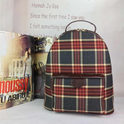 

Plaid Stripe Backpack Casual Canvas Bags Zipper Handle Bag For Women