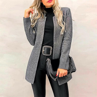

Women Outerwear Solid Color Notched Collar Open Front Long Sleeve Slim Elegant Autumn Winter OL Wear