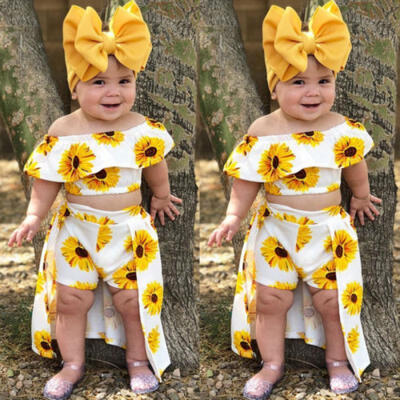

3PCS Kids Baby Girl Clothes Sunflower Crop Tops Shorts Dress Outfit Sunsuit Hot