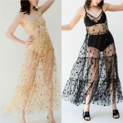 

Womens Mesh Sheer Sling Bikini Cover Up Casual Star Long Dress Summer Beach