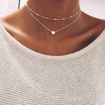 

Gold Silver Color With Beads Heart Pendant Necklace 2PCSSet