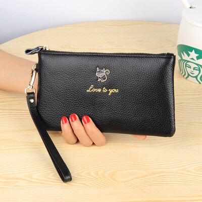 

2019 new leather cat long wallet female Europe&the United States new ultra-thin lychee grain leather zipper hand wallet