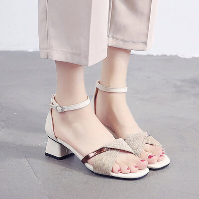 

A word with sandals summer ladies rough cloth thick heels fashion fairies ins trendy shoes trendy shoes