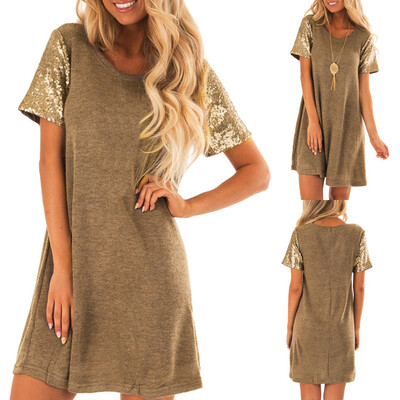 

〖Follure〗Fashion Women O-Neck Sequins Splicing Short Sleeve Easy Mini Dress