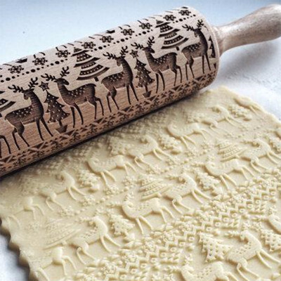 

3855cm Christmas Deer Embossing Rolling Pin Baking Cookies Noodle Biscuit Fondant Cake Dough Engraved Roller Snowflake
