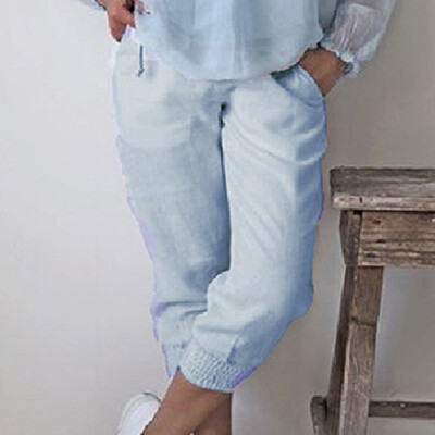 

Women Elastic Casual Harem Pants Trousers Solid Color Pocket High Waist Pants