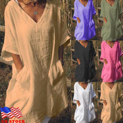 

Plus Size Womens Cotton Summer Short Sleeve Long T-Shirt Ladies Casual Dress