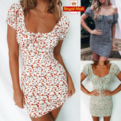 

UK Womens Holiday Mini Floral Dress Ladies Bodycon Beach Summer Dress Size 6 -14