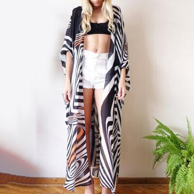 

Womens Beach Bikini Sunscreen Long Tops Chiffon Zebra Printed Casual Cardigan