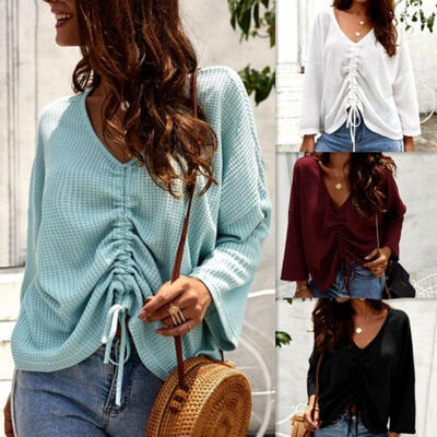 

Women&39s V Neck Loose Long Sleeve Blouse Cotton Knit Summer Casual T-Shirt Tops