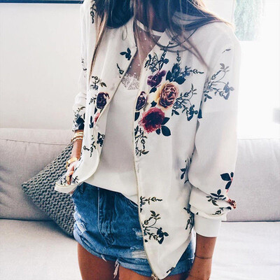 

Fashion Womens Retro Floral Zipper Bomber Jacket Baseball Casual Coat Outwear