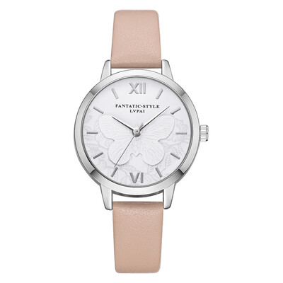 

Top Womens Watches Thin Embossed Butterfly Pattern Dial Quartz Wristwatch Leather Strap Ladies Dress Gift ClockReloj Mujer