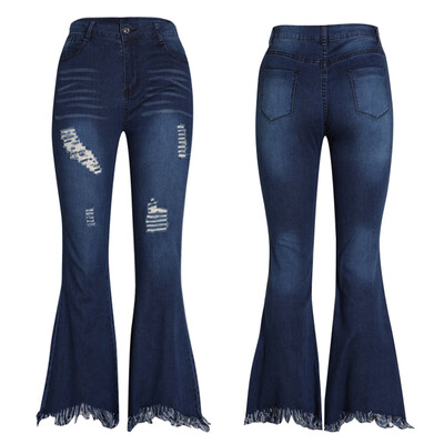 

Tailored Fashion Women Seasons Casual Holed Whitening Fringed Jeans Bell-bottoms Pants