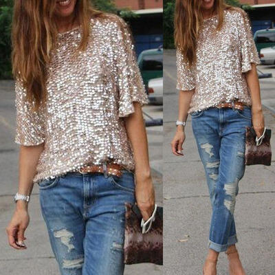 

Womens Sequined Bling Shiny Tank Top Casual Loose Shirt Off The Shoulder Blouse