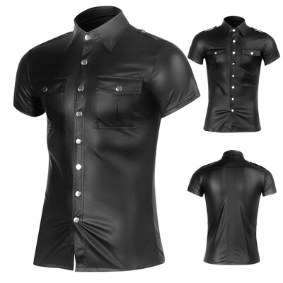 

Toponeto Fashion Mens Summer Casual Lapel Hoodie Patent Leather T-shirt Top Blouse