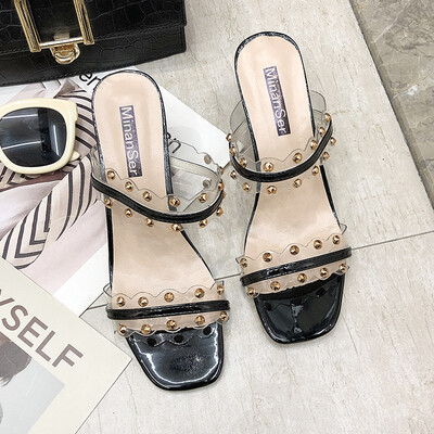

Fine-heeled open-toed slippers female summer wear fashion rivets sandals&slippers transparent thin Roman high heels