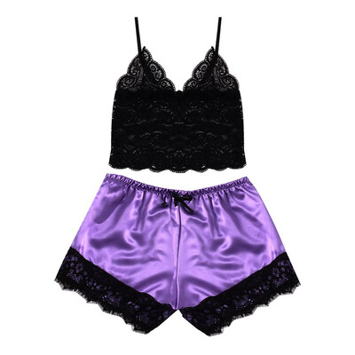 

Toponeto New Women V-Neck Silk Lace Sexy Stain Trim Camisole Pajamas Sleepwear Shorts Set