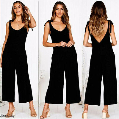 

Womens Sleeveless Solid Jumpsuit Romper Casual Clubwear Wide Leg Pants Outfits