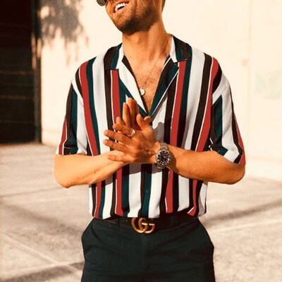 

2019 New Summer Men Stripe Printed Shirts Casual Short Sleeve Button Shirts For Gentlemen