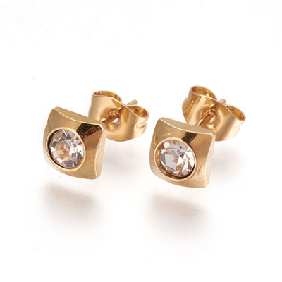 

304 Stainless Steel Ear Studs with Rhinestone Square Crystal Golden 6x6x25mm Pin 07mm