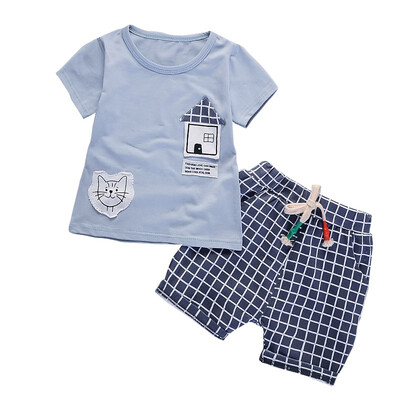 

Summer Boy Cute Cartoon Houses Pattern Short Sleeve T-shirt Plaid Shorts Trousers 2Pcs Clothes Set Comfortable For Dressing