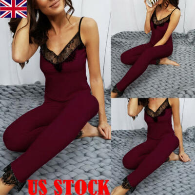 

UK Women Sexy Pajamas Silk Pijamas Sleepwear Deep V Sling Lingerie Long Pant Set