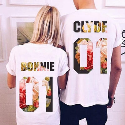 

CLYDE And BONNIE Couple Short Sleeve Shirts Letter Printing Couple Tops Hip-hop Couple T-shirt BONNIEFor WomenCLYDEFor me