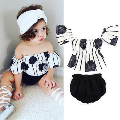 

Baby Girl Striped Tops Rose Flower Pant Shorts Summer Outfit Set Clothes