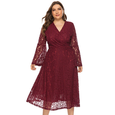 

Plus Size Women Dress V Neck Hollow out Lace Flare Sleeve