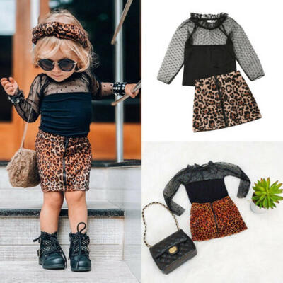 

US Toddler Baby Girls Leopard Clothes Lace Tops Dress Skirt 2PCS Outfits Sunsuit