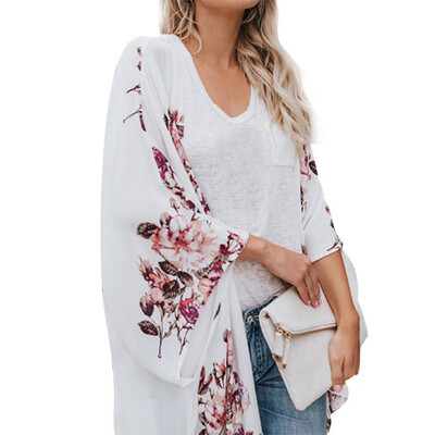 

Summer Retro Floral Long Sleeve Casual Loose Chiffon Blouse Beach Wear Cover Up Shirt Women Tops Fashion