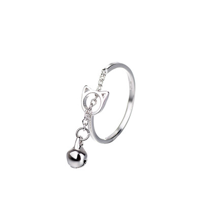

Silver Color Hollow Cat Head Finger Rings with Bell Pendant Chain Jewelry For Women