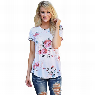 

Round neck short sleeve floral print tube casual top T-shirt