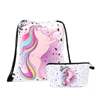 

Cartoon Rainbow Unicorn Bag Set Women Girl Glitter Drawstring Backpack Handbag