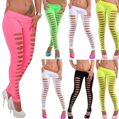 

Women Disco Sexy Candy Color Skiny Slim Hole Pencil Stretch Pants Leggings Black