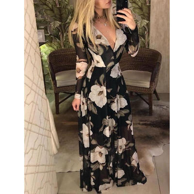 

Floral Long Maxi Dress Women Chiffon Long Sleeve Evening Party Summer Beach Sundress