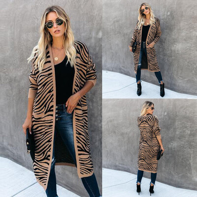

Toponeto Women Long Sleeve Color Striped Pocket Casual Knitted Outerwear Cardigan Sweater