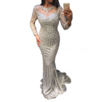 

Luxury Long sleeves Sexy Diamond Sequined Mermaid Evening Dresses Sparkly Evening Gown 2018 Real Photo