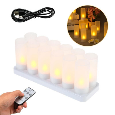 

Set of 12 Rechargeable LED Yellow Flickering Flameless Tealight Candles Lights with Remote Control Frosted Cups Charging Base for