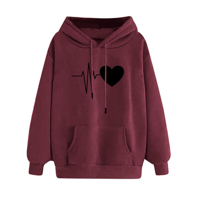 

Casual Heartbeat Print Solid Color Hoodies Women Long Sleeve Hooded Sweatshirt
