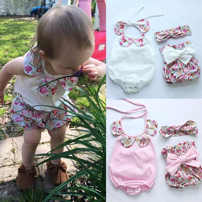 

Newborn Baby Girls Romper BodysuitShorts Bottoms 3pcs Outfits Set Sunsuit