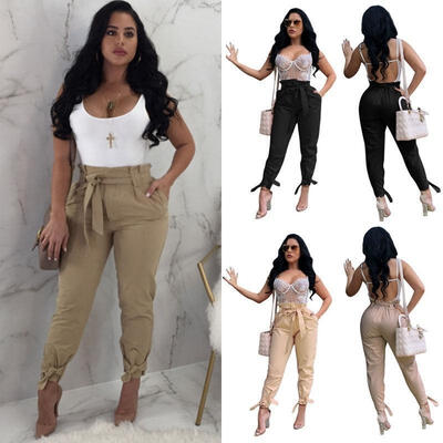 

2018 Fashion Women High Waist Drawstring Elastic Long Pants Stripped Pencil Trousers