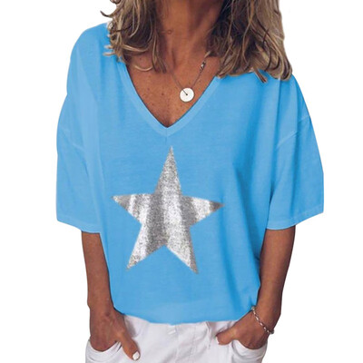 

Fashion T Shirt Women Sequins V-Neck Five-Pointed Star Print Tees Female Short Sleeve Street Ladies Plus Size
