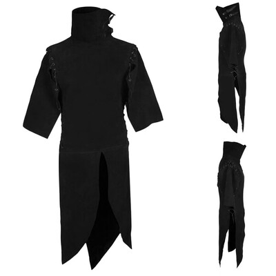 

Toponeto Men Vintage Tailcoat Half Sleeve Drawstring Dress Patchwork Tops Jumpsuit